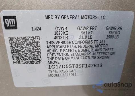 2025 Chevrolet Malibu Fwd 1Lt z USA, uszkodzony, nr VIN 1G1ZD5ST8SF147613